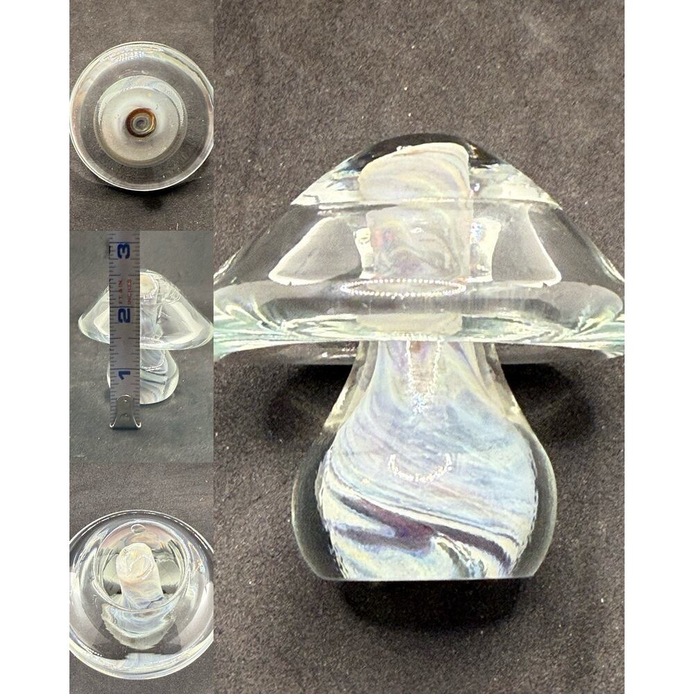 Adorable Mushroom Glass Paperweight Clear Glass W Beautiful Color Swirl Core